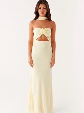 Peppermayo Strapless Cutout Maxi Dress in Pale Yellow
